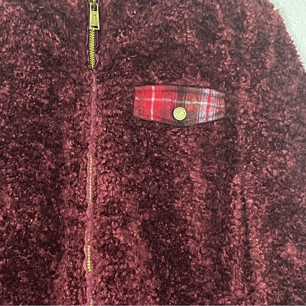 Pendleton Sherpa Full Zip Jacket Women Small Maroon Plaid Detail Pocket Outdoor - Picture 2 of 9